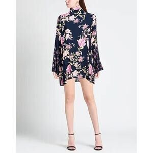 Free People NWT  Floral Tate Dress XS Blue Cut Out Viscose Tie Bell Sleeve Tunic